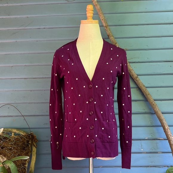 Halogen 100% Wool Purple Polka Dot Long Sleeve Cardigan - Picture 2 of 7